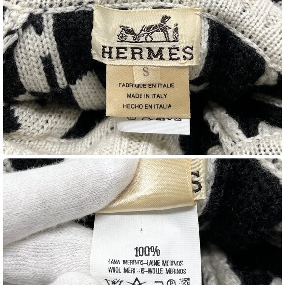 HERMES Vintage H Monogram Logo Turtleneck Sweater Top #S Cream Black [104055] - Picture 10 of 10